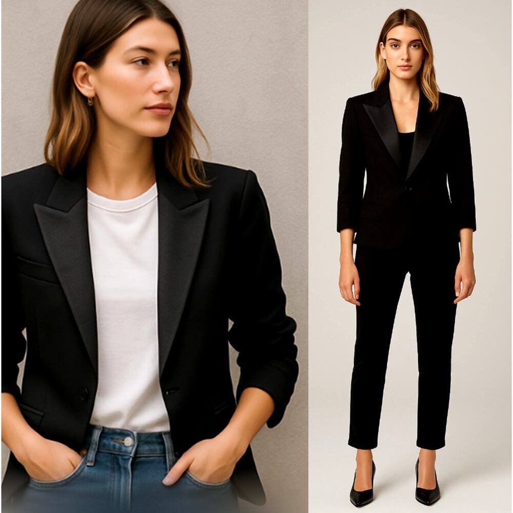 Smythe 4 Classic Wool Tuxedo Blazer $725 Wide Shimmer Lapel Jacket Black
